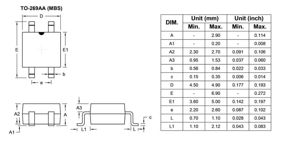 Mechanical Drawing - Taiwan Semiconductor MBS2 to MBS10 Standard Bridge Rectifiers Mechanical Drawing - Taiwan Semiconductor MBS2 to MBS10 Standard Bridge Rectifiers